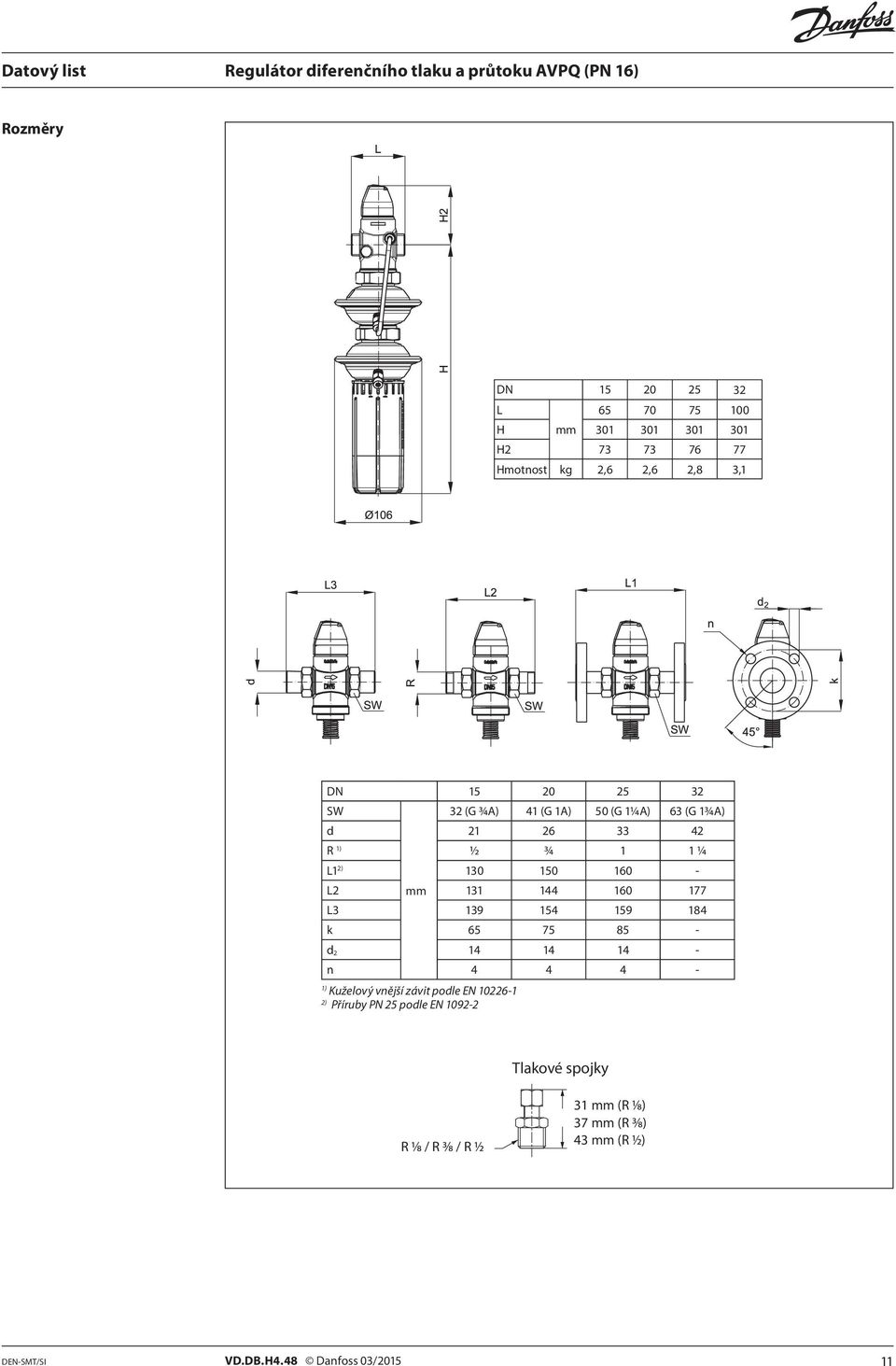 154 159 184 k 65 75 85 - d 2 14 14 14 - n 4 4 4 - Kuželový vnější závit podle EN 10226-1 2) Příruby PN 25 podle EN