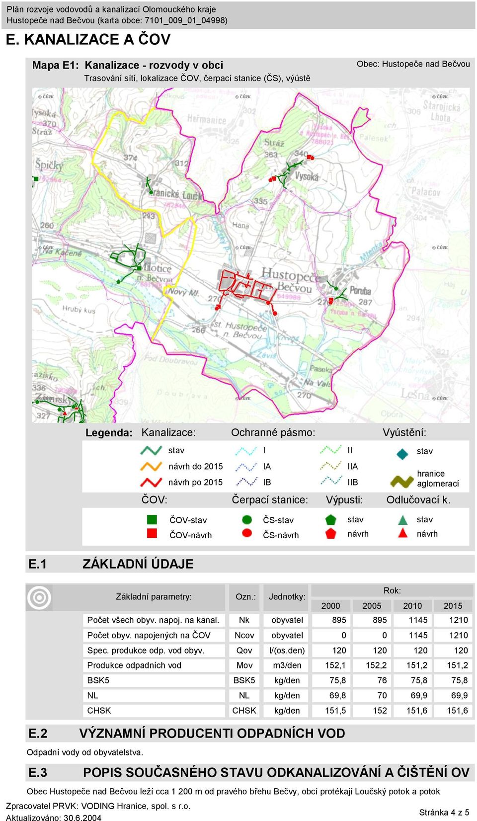 Základní parametry: E.3 POPIS SOUČASNÉHO STAVU ODKANALIZOVÁNÍ A ČIŠTĚNÍ OV Obec Hustopeče nad Bečvou leží cca 1 200 m od pravého břehu Bečvy, obcí protékají Loučský potok a potok Ozn.