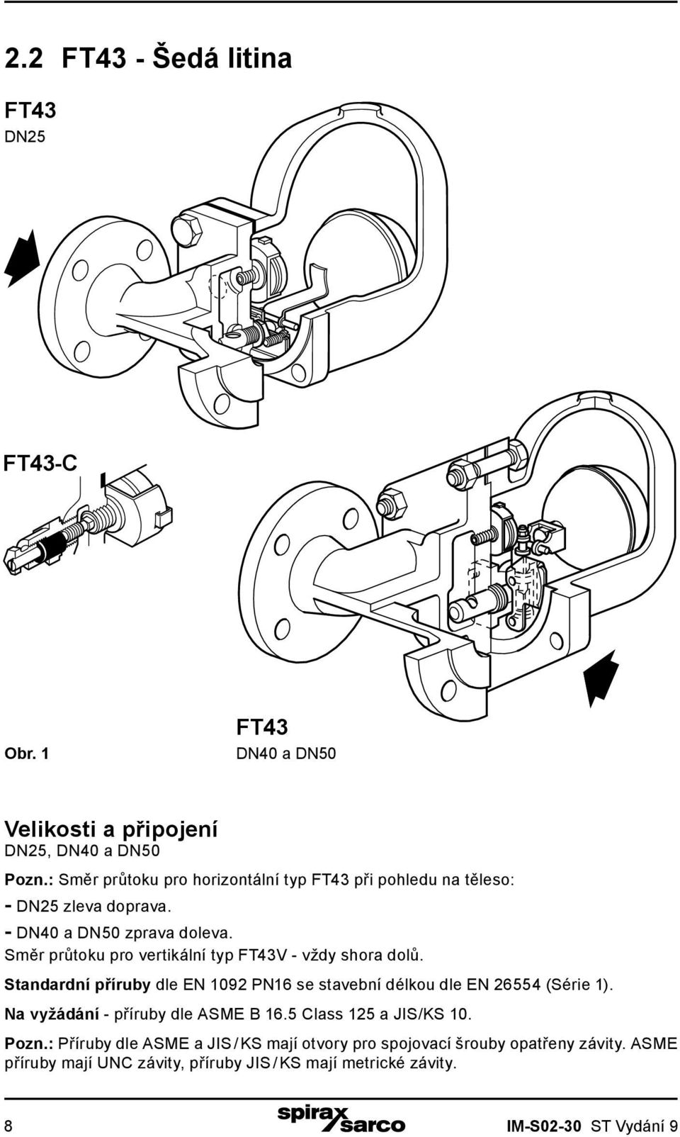 Směr průtoku pro vertikální typ FT43V - vždy shora dolů. Standardní příruby dle EN 1092 PN16 se stavební délkou dle EN 26554 (Série 1).