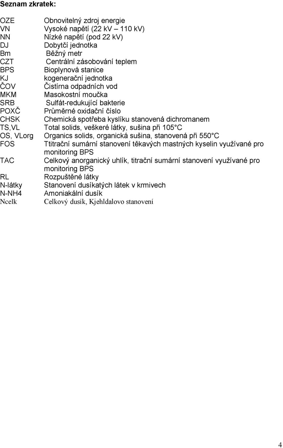 solids, veškeré látky, sušina při 105 C OS, VLorg Organics solids, organická sušina, stanovená při 550 C FOS Ttitrační sumární stanovení těkavých mastných kyselin využívané pro monitoring BPS TAC