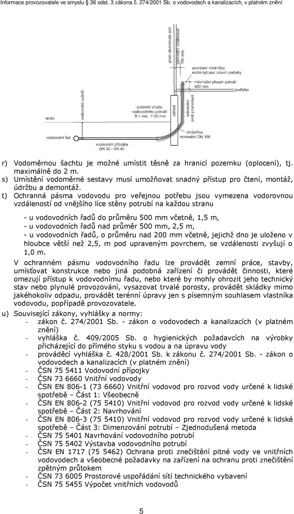 vodovodních řadů nad průměr 500 mm, 2,5 m, - u vodovodních řadů, o průměru nad 200 mm včetně, jejichž dno je uloženo v hloubce větší než 2,5, m pod upraveným povrchem, se vzdálenosti zvyšují o 1,0 m.