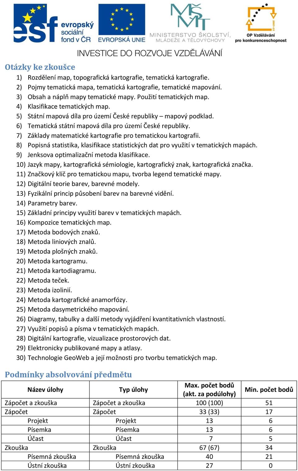 7) Základy matematické kartografie pro tematickou kartografii. 8) Popisná statistika, klasifikace statistických dat pro využití v tematických mapách. 9) Jenksova optimalizační metoda klasifikace.
