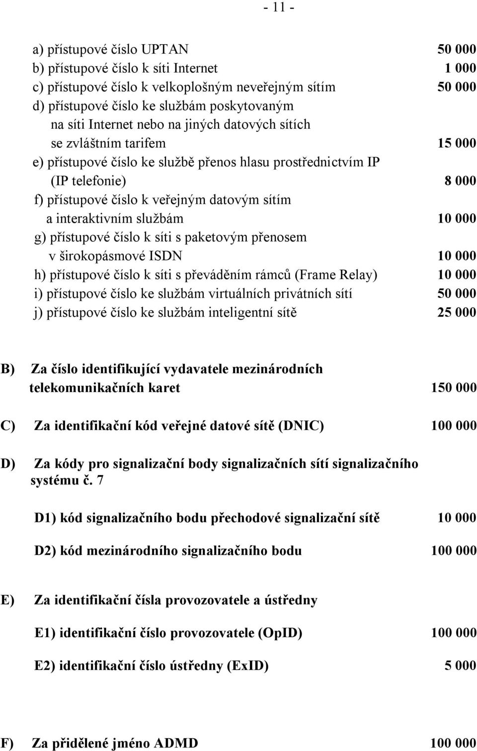 interaktivním službám 10 000 g) přístupové číslo k síti s paketovým přenosem v širokopásmové ISDN 10 000 h) přístupové číslo k síti s převáděním rámců (Frame Relay) 10 000 i) přístupové číslo ke