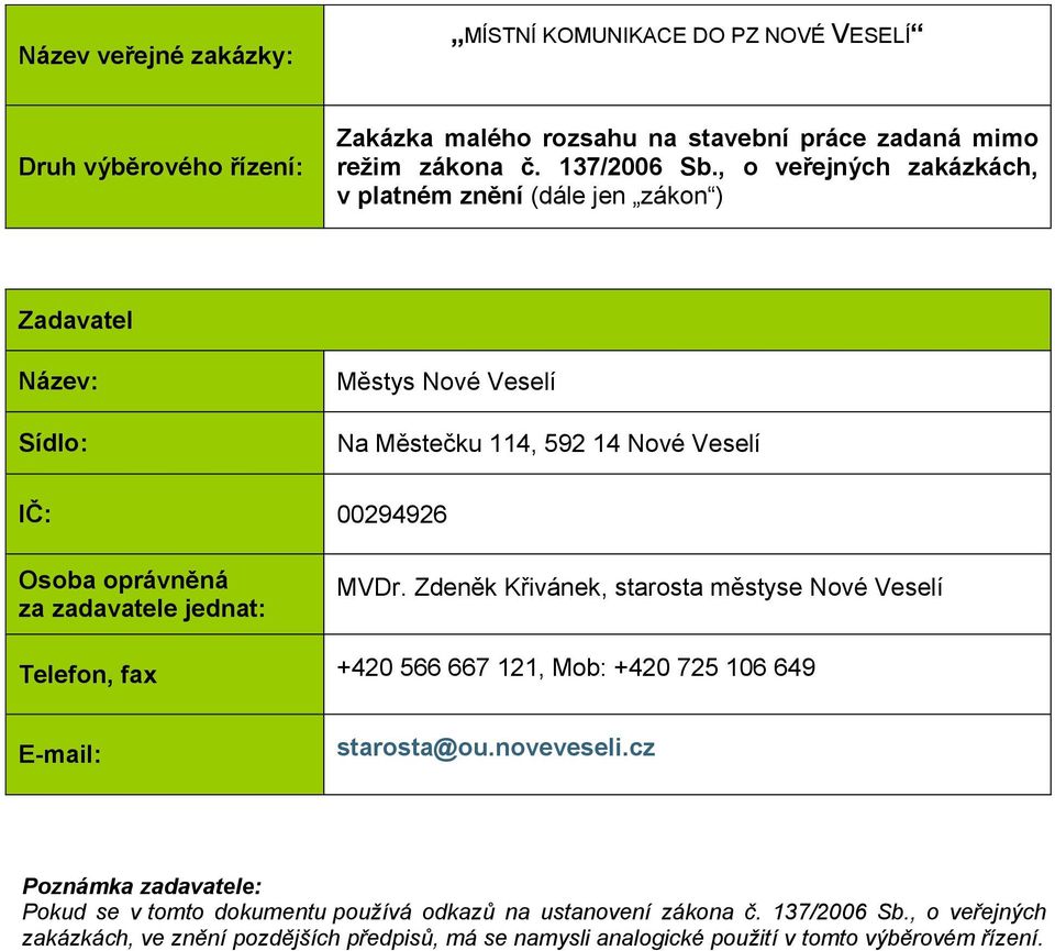 zadavatele jednat: MVDr. Zdeněk Křivánek, starosta městyse Nové Veselí Telefon, fax +420 566 667 121, Mob: +420 725 106 649 E-mail: starosta@ou.noveveseli.