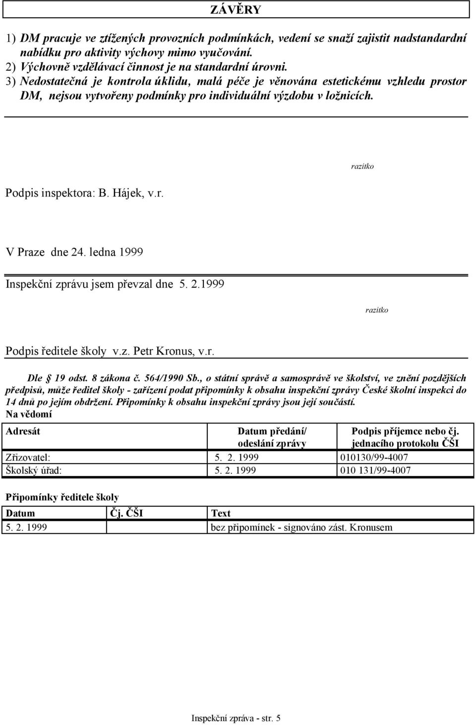 ledna 1999 Inspekční zprávu jsem převzal dne 5. 2.1999 razítko Podpis ředitele školy v.z. Petr Kronus, v.r. Dle 19 odst. 8 zákona č. 564/1990 Sb.