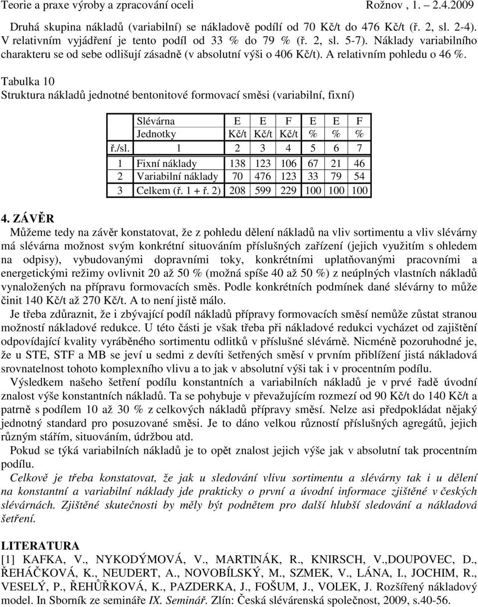 Tabulka 10 Struktura nákladů jednotné bentonitové formovací směsi (variabilní, fixní) Slévárna E E F E E F 1 Fixní náklady 138 123 106 67 21 46 2 Variabilní náklady 70 476 123 33 79 54 3 Celkem (ř.