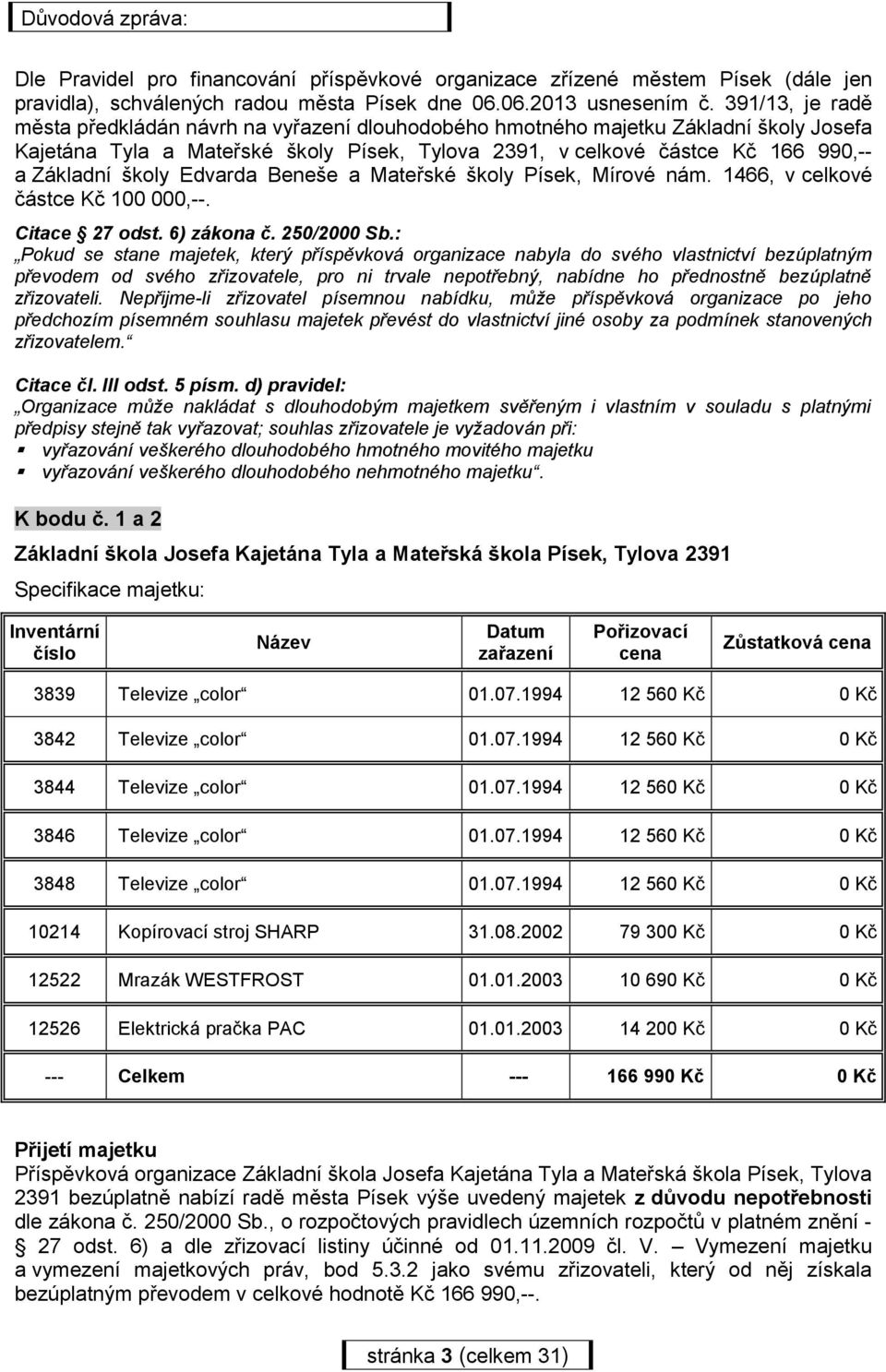 školy Edvarda Beneše a Mateřské školy Písek, Mírové nám. 1466, v celkové částce Kč 100 000,--. Citace 27 odst. 6) zákona č. 250/2000 Sb.