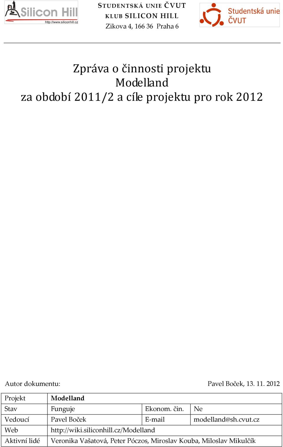 2012 Projekt Modelland Stav Funguje Ekonom. čin. Ne Vedoucí Pavel Boček E-mail modelland@sh.cvut.