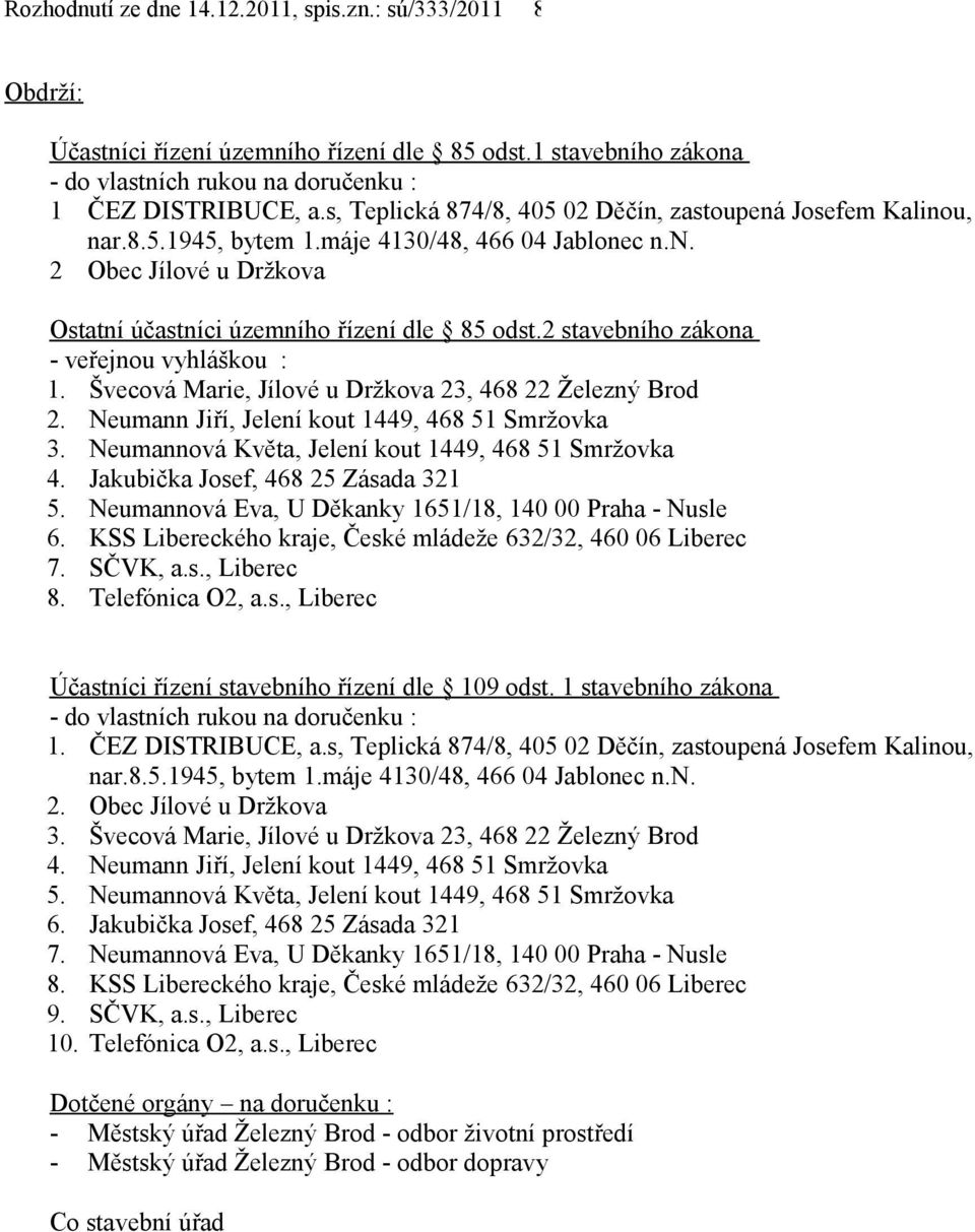 Švecová Marie, Jílové u Držkova 23, 468 22 Železný Brod 2. Neumann Jiří, Jelení kout 1449, 468 51 Smržovka 3. Neumannová Květa, Jelení kout 1449, 468 51 Smržovka 4.