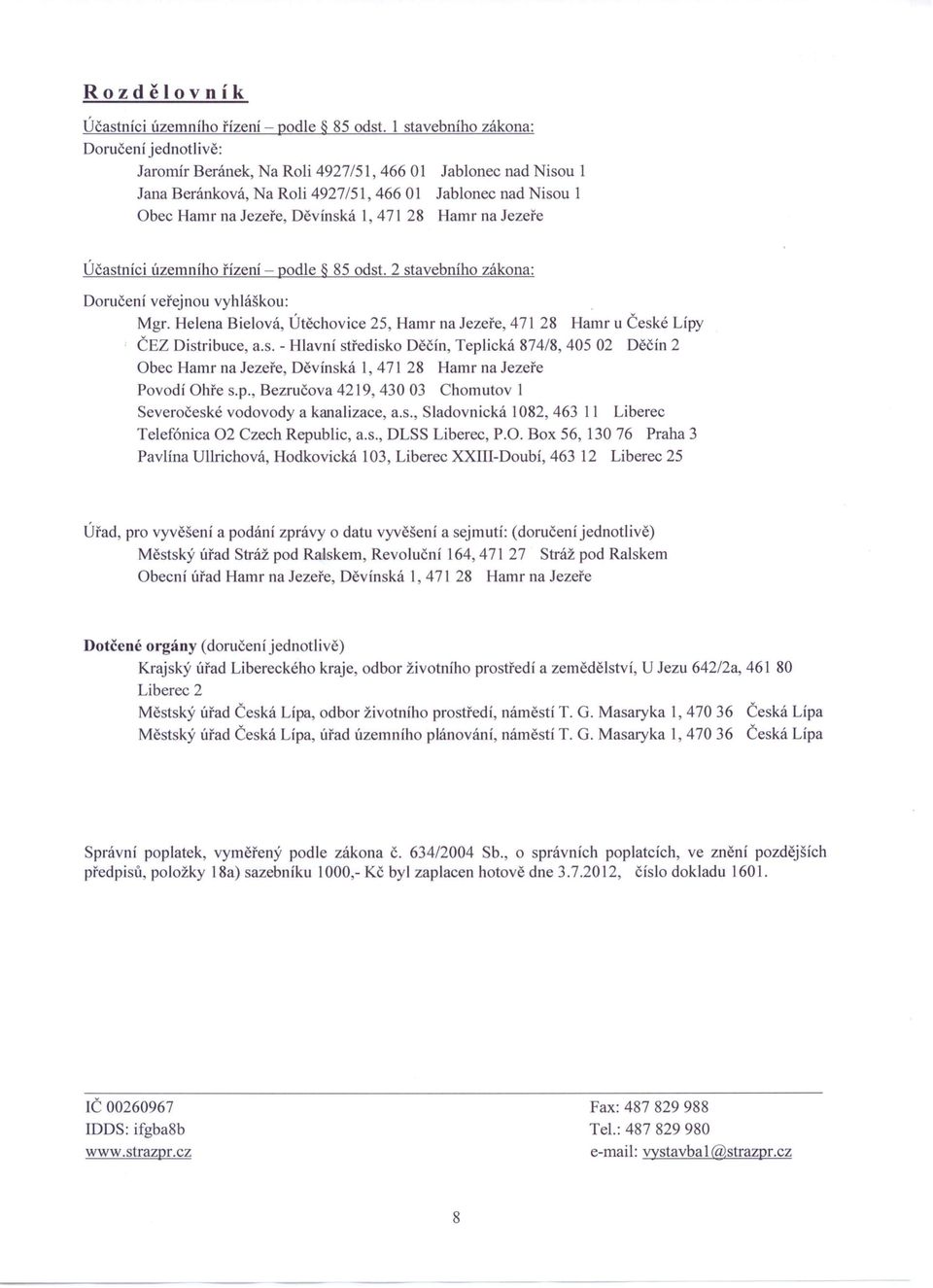 1,471 28 Hamr na Jezeře Účastníci Územního řízení - podle 85 odst. 2 stavebního zákona: Doručení veřejnou vyhláškou: Mgr.