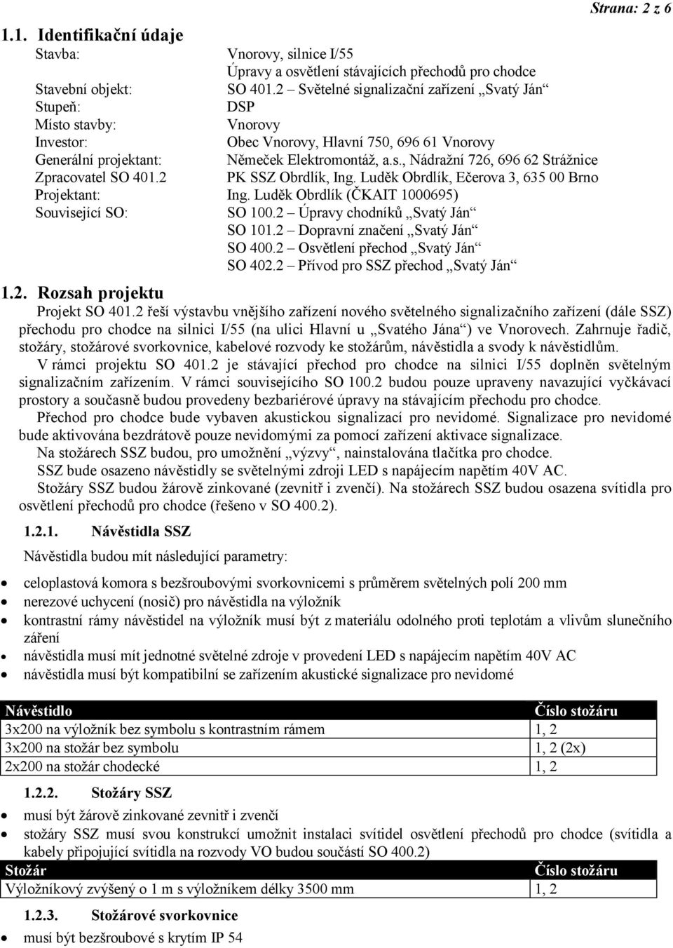 2 PK SSZ Obrdlík, Ing. Luděk Obrdlík, Ečerova 3, 635 00 Brno Projektant: Ing. Luděk Obrdlík (ČKAIT 1000695) Související SO: SO 100.2 Úpravy chodníků Svatý Ján SO 101.