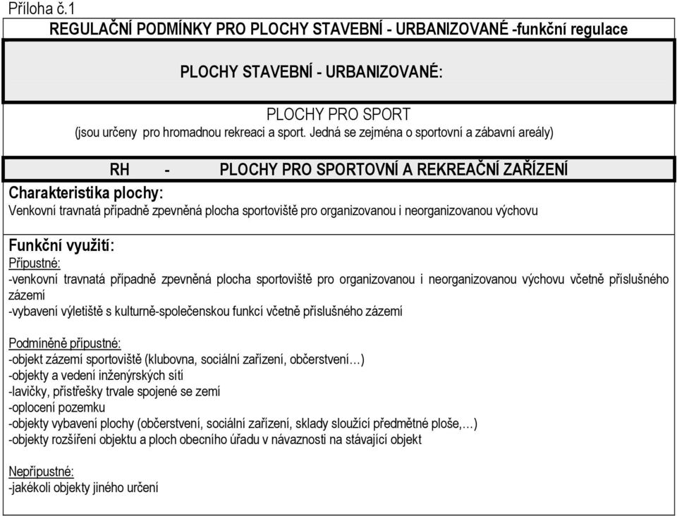 -venkovní travnatá případně zpevněná plocha sportoviště pro organizovanou i neorganizovanou výchovu včetně příslušného zázemí -vybavení výletiště s kulturně-společenskou funkcí včetně příslušného