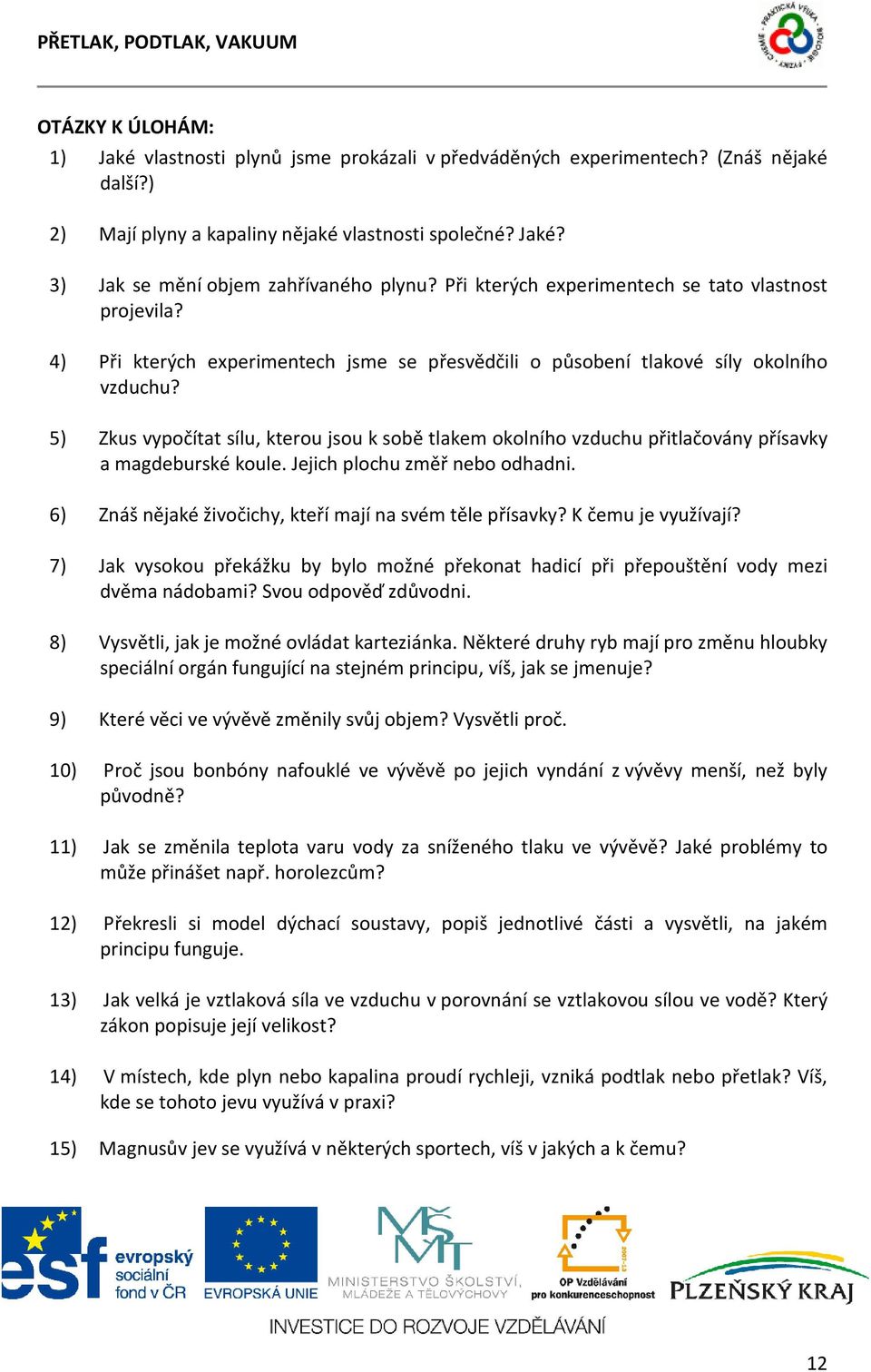 5) Zkus vypočítat sílu, kterou jsou k sobě tlakem okolního vzduchu přitlačovány přísavky a magdeburské koule. Jejich plochu změř nebo odhadni.