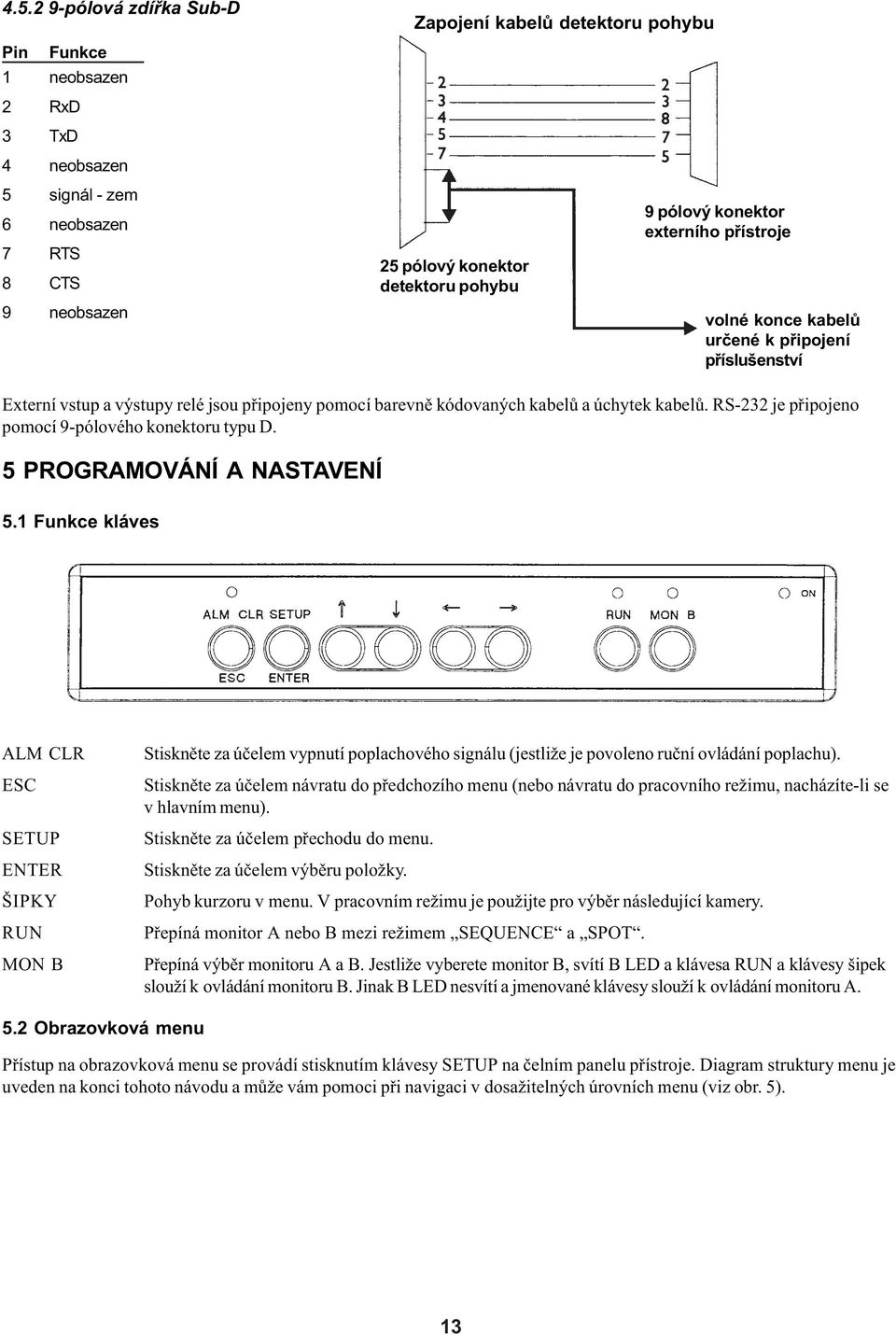 RS-232 je pøipojeno pomocí 9-pólového konektoru typu D. 5 PROGRAMOVÁNÍ A NASTAVENÍ 5.