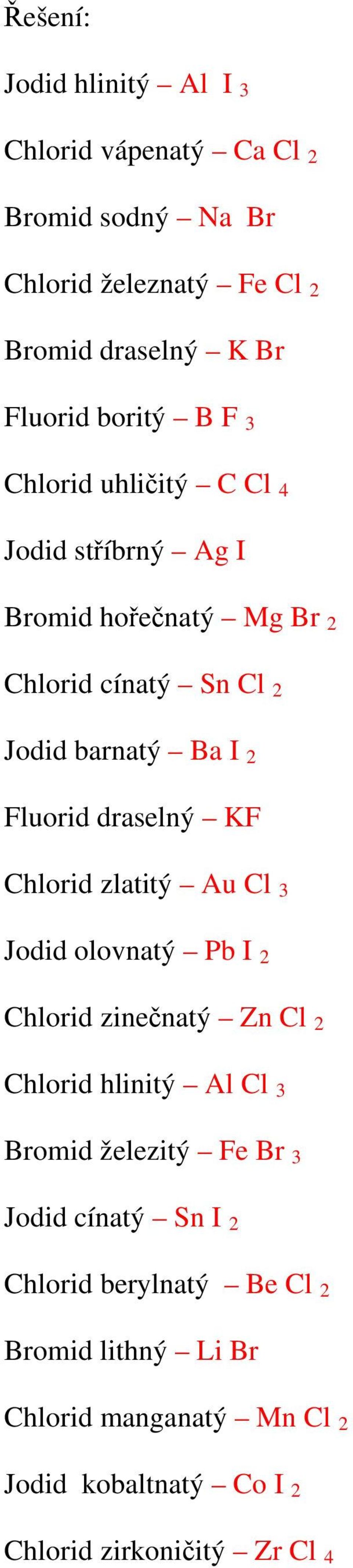 draselný KF Chlorid zlatitý Au Cl 3 Jodid olovnatý Pb I 2 Chlorid zinečnatý Zn Cl 2 Chlorid hlinitý Al Cl 3 Bromid železitý Fe Br 3