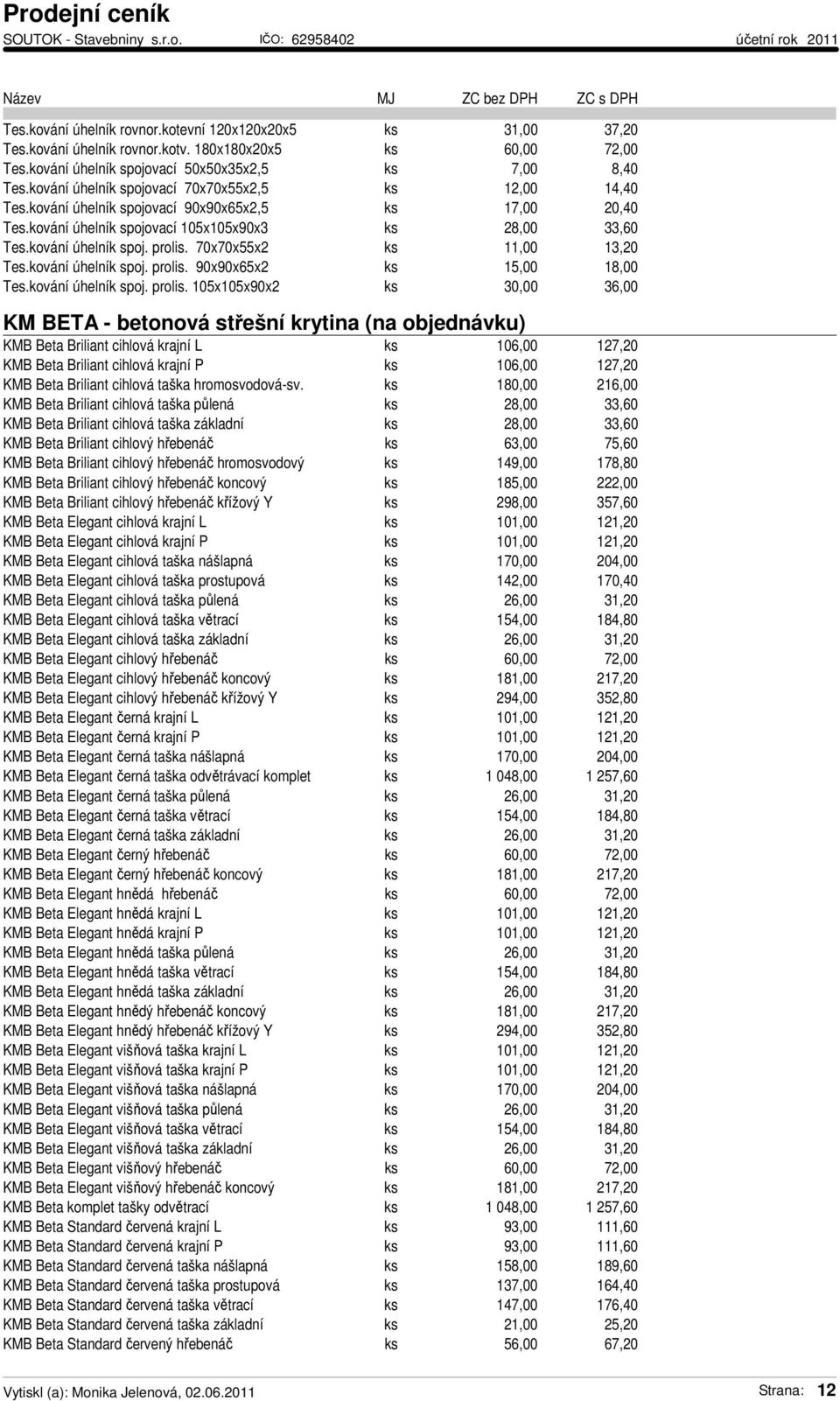 70x70x55x2 ks 11,00 13,20 Tes.kování úhelník spoj. prolis.