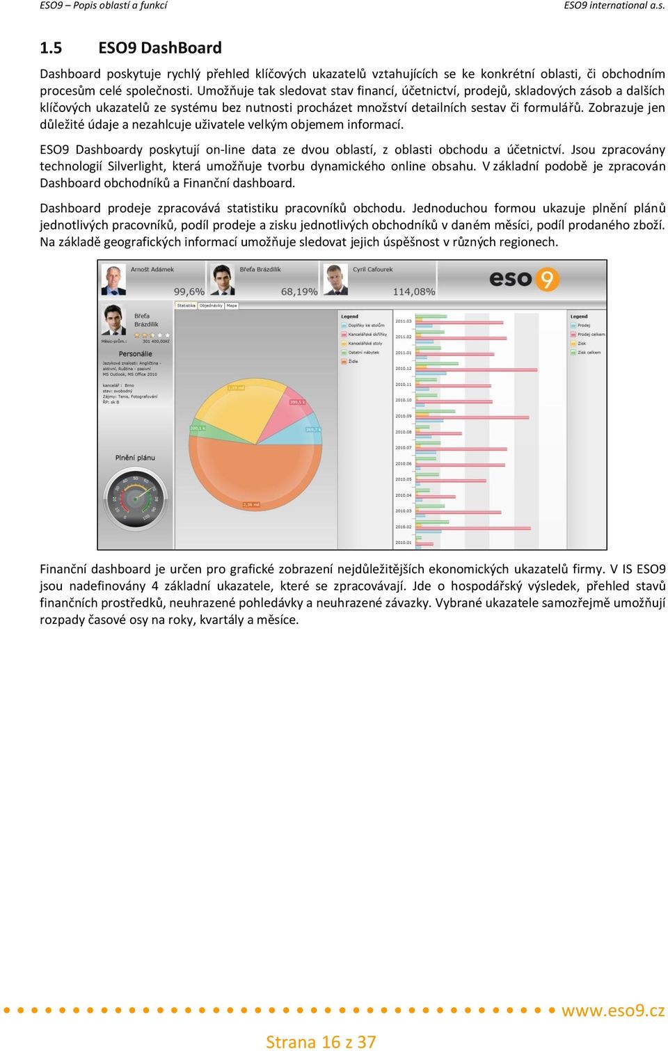 Zobrazuje jen důležité údaje a nezahlcuje uživatele velkým objemem informací. ESO9 Dashboardy poskytují on-line data ze dvou oblastí, z oblasti obchodu a účetnictví.
