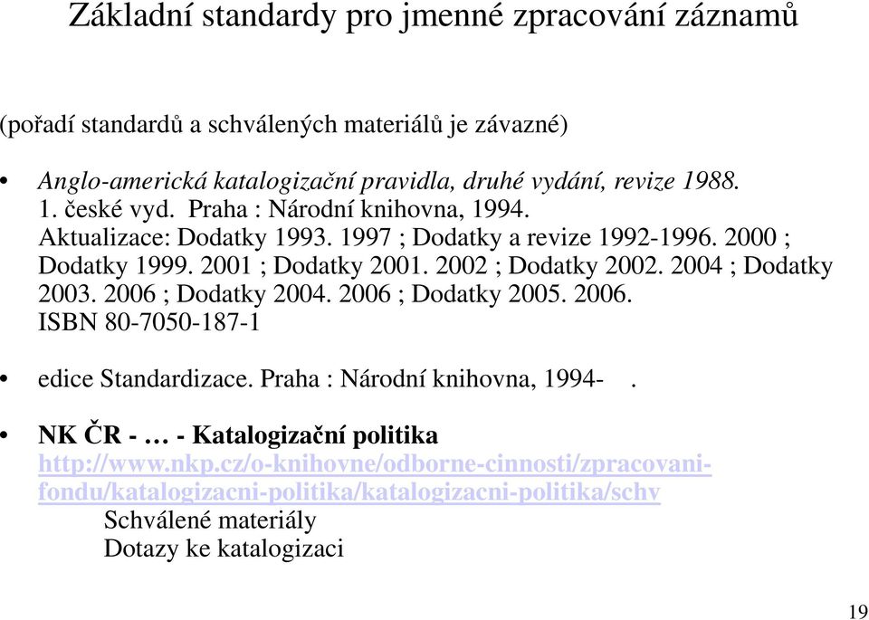 2002 ; Dodatky 2002. 2004 ; Dodatky 2003. 2006 ; Dodatky 2004. 2006 ; Dodatky 2005. 2006. ISBN 80-7050-187-1 edice Standardizace. Praha : Národní knihovna, 1994-.