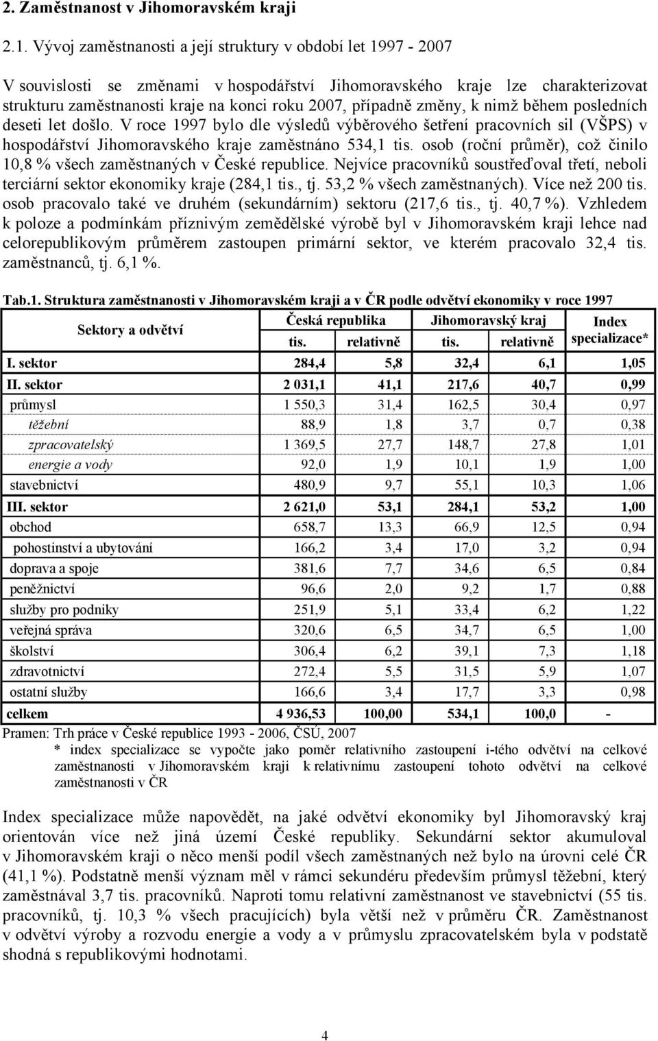 změny, k nimž během posledních deseti let došlo. V roce 1997 bylo dle výsledů výběrového šetření pracovních sil (VŠPS) v hospodářství Jihomoravského kraje zaměstnáno 534,1 tis.