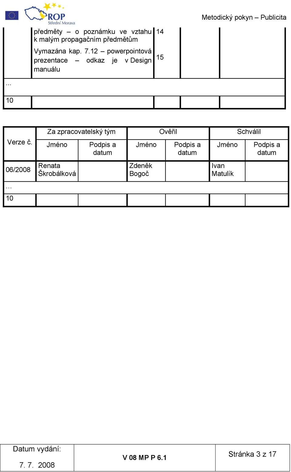 06/2008 10 Za zpracovatelský tým Ověřil Schválil Jméno Renata Škrobálková Podpis