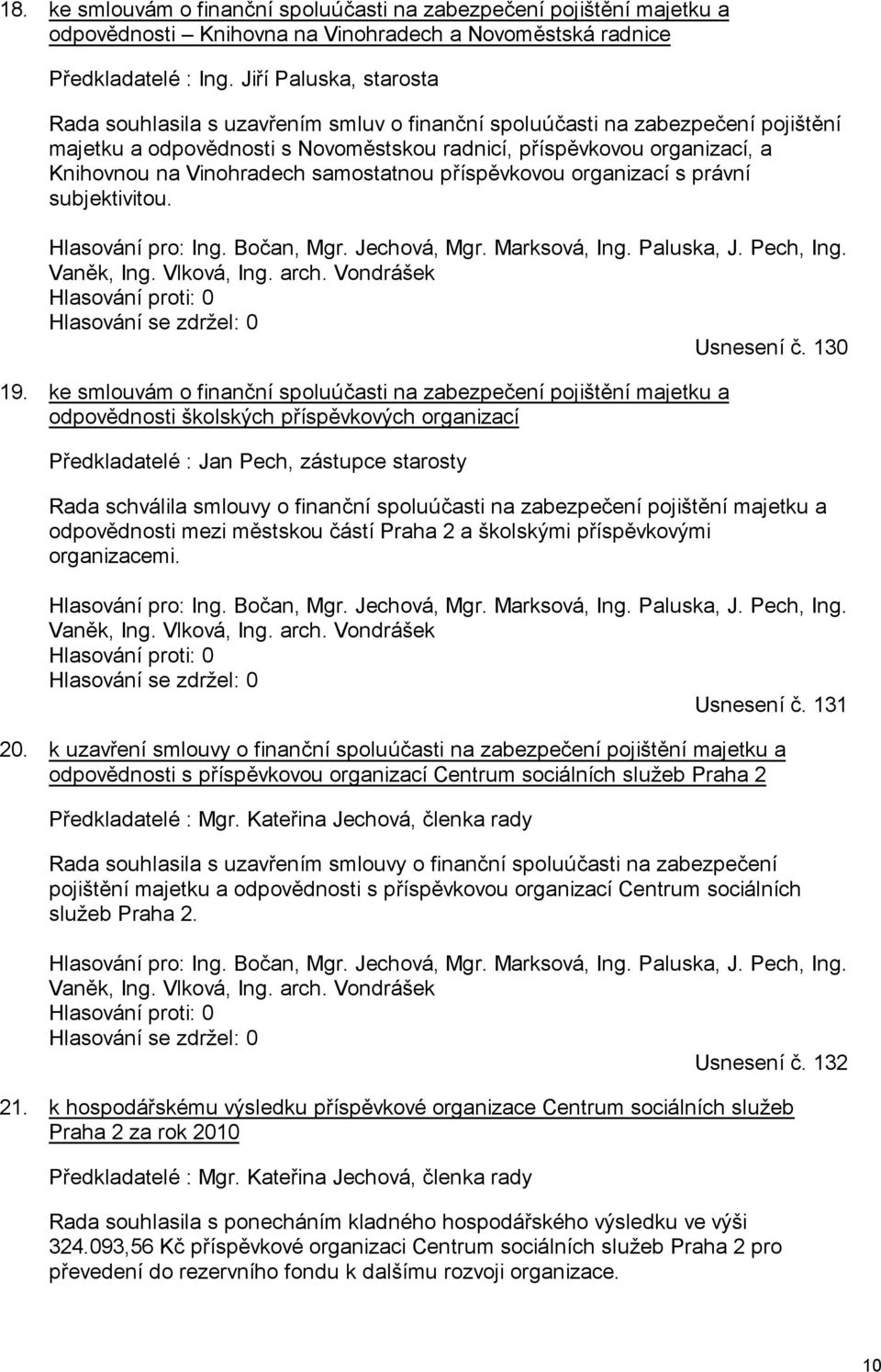 Vinohradech samostatnou příspěvkovou organizací s právní subjektivitou. Hlasování pro: Ing. Bočan, Mgr. Jechová, Mgr. Marksová, Ing. Paluska, J. Pech, Ing. Vaněk, Ing. Vlková, Ing. arch.