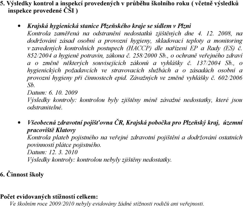 852/24 a hygieně potravin, zákona č. 258/2 Sb., o ochraně veřejného zdraví a o změně některých souvisejících zákonů a vyhlášky č. 137/24 Sb.