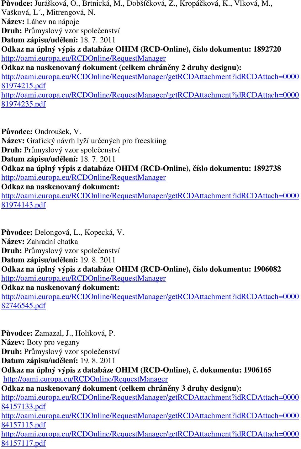 Název: Grafický návrh lyží určených pro freeskiing Datum zápisu/udělení: 18. 7. 2011 Odkaz na úplný výpis z databáze OHIM (RCD-Online), číslo dokumentu: 1892738 81974143.pdf Původce: Delongová, L.