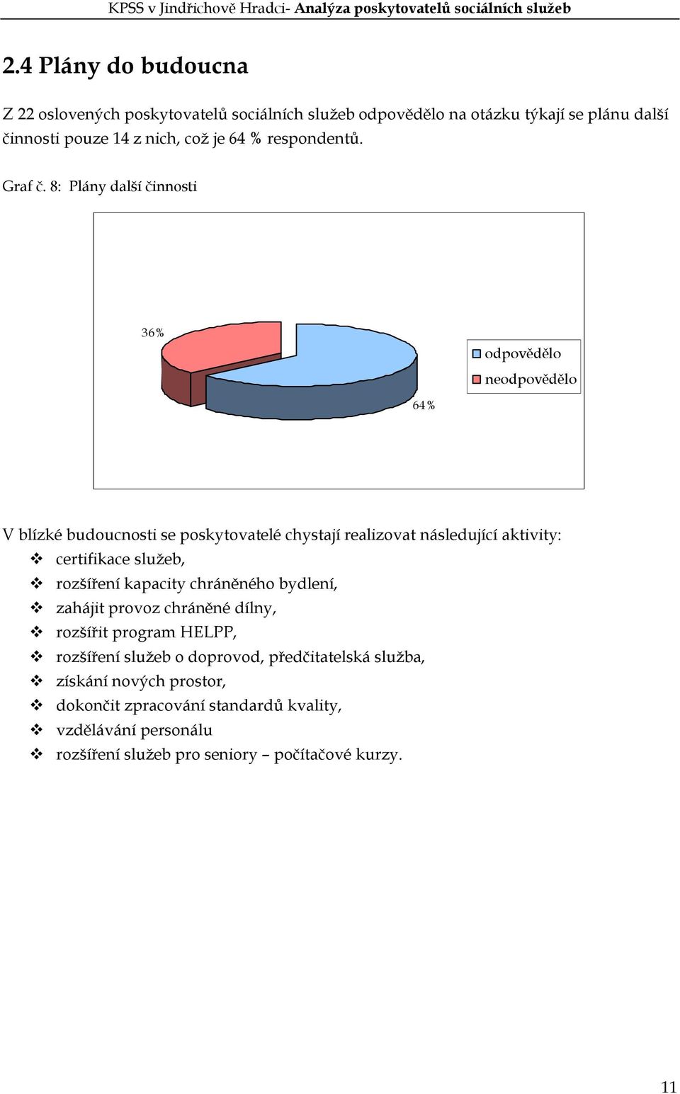 8: Plány další činnosti 36% odpovědělo neodpovědělo 64% V blízké budoucnosti se poskytovatelé chystají realizovat následující aktivity: certifikace