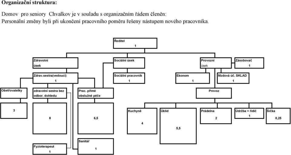 Ředitel Zdravotní Sociální úsek Provozní Zásobovač úsek úsek Zdrav.sestra(vedoucí) Sociální pracovník Ekonom Mzdová úč.