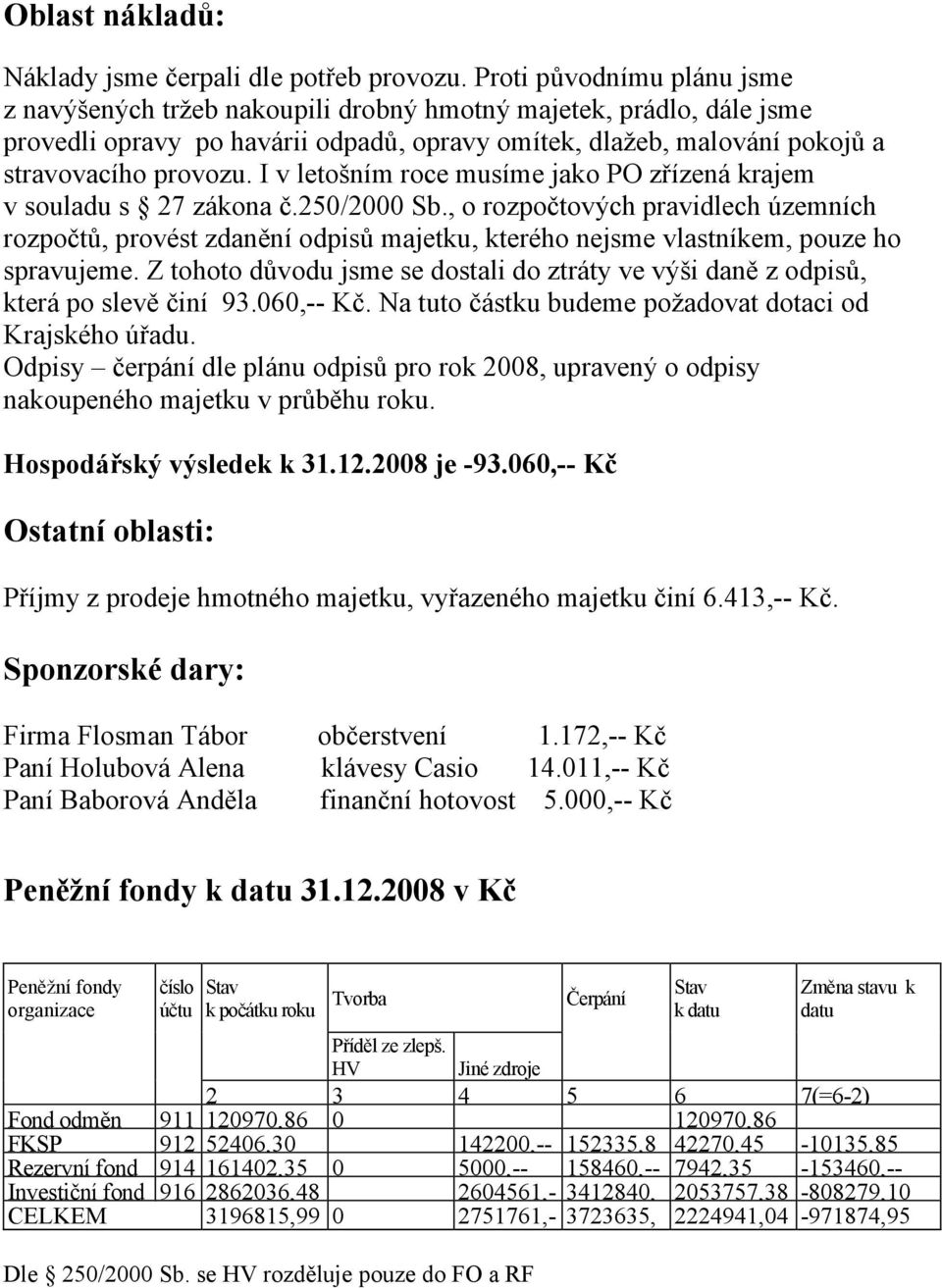 I v letošním roce musíme jako PO zřízená krajem v souladu s 27 zákona č.250/2000 Sb.