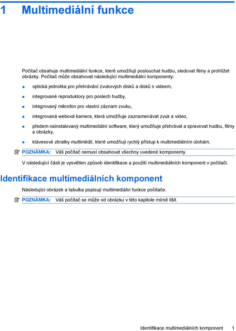 vlastní záznam zvuku, integrovaná webová kamera, která umožňuje zaznamenávat zvuk a video, předem nainstalovaný multimediální software, který umožňuje přehrávat a spravovat hudbu, filmy a obrázky,