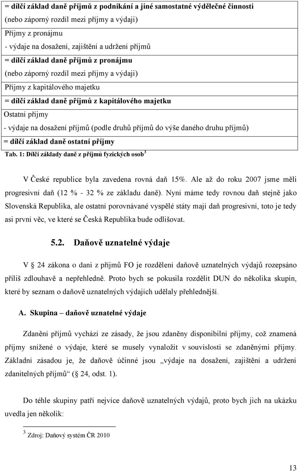 (podle druhů příjmů do výše daného druhu příjmů) = dílčí základ daně ostatní příjmy Tab. 1: Dílčí základy daně z příjmů fyzických osob 3 V České republice byla zavedena rovná daň 15%.