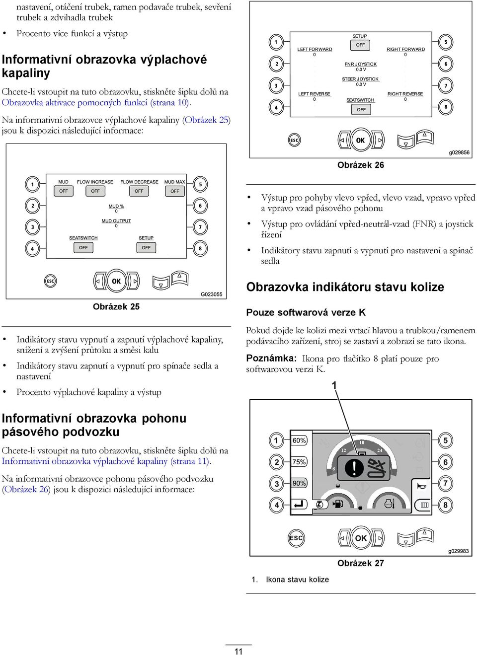 Na informativní obrazovce výplachové kapaliny (Obrázek ) jsou k dispozici následující informace: Obrázek Výstup pro pohyby vlevo vpřed, vlevo vzad, vpravo vpřed a vpravo vzad pásového pohonu Výstup