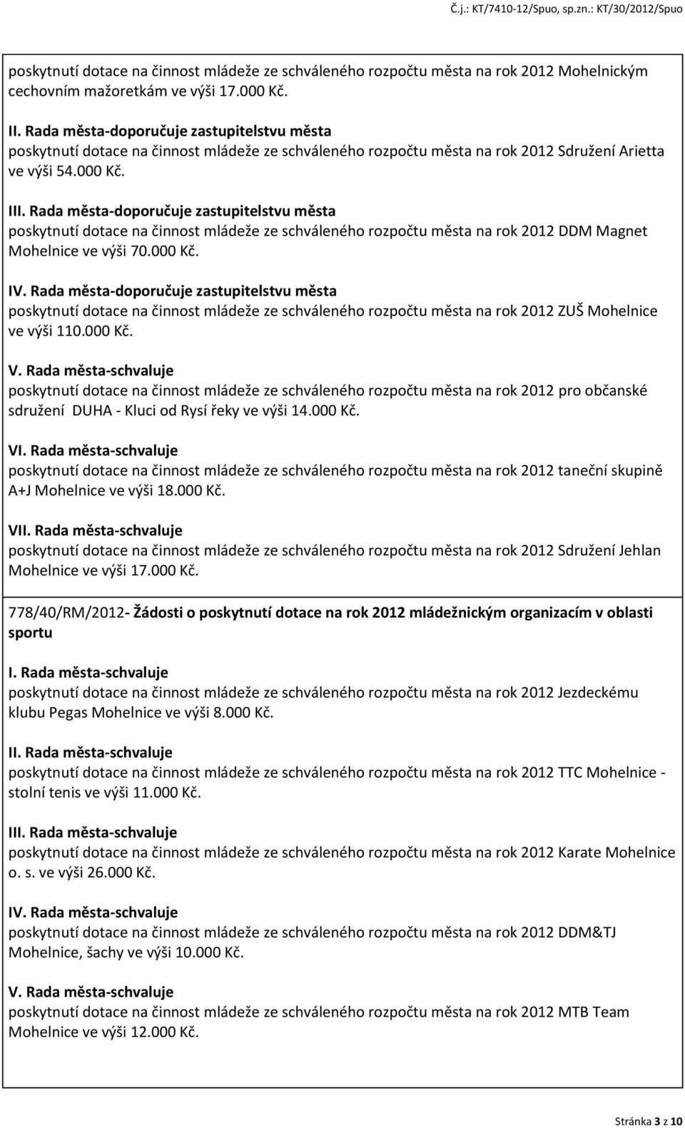 II poskytnutí dotace na činnost mládeže ze schváleného rozpočtu města na rok 2012 DDM Magnet Mohelnice ve výši 70.000 Kč. IV.