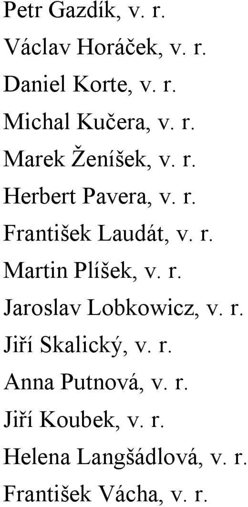 r. Jaroslav Lobkowicz, v. r. Jiří Skalický, v. r. Anna Putnová, v. r. Jiří Koubek, v.