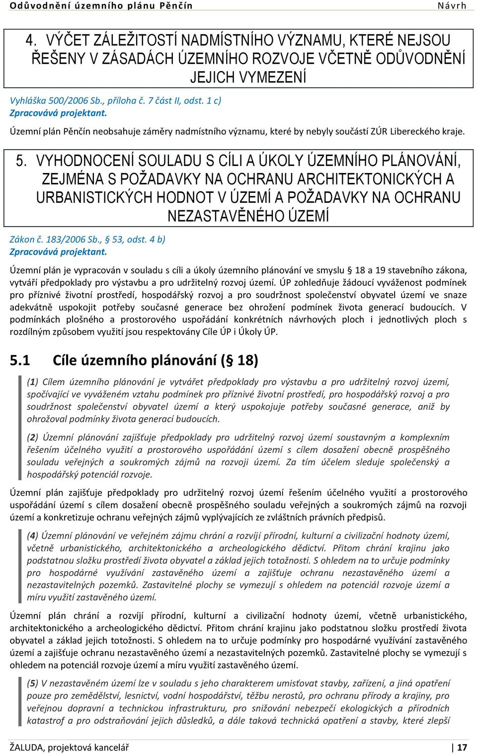 VYHODNOCENÍ SOULADU S CÍLI A ÚKOLY ÚZEMNÍHO PLÁNOVÁNÍ, ZEJMÉNA S POŽADAVKY NA OCHRANU ARCHITEKTONICKÝCH A URBANISTICKÝCH HODNOT V ÚZEMÍ A POŽADAVKY NA OCHRANU NEZASTAVĚNÉHO ÚZEMÍ Zákon č. 183/2006 Sb.