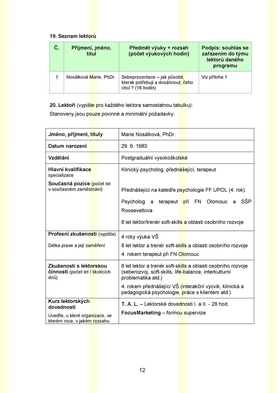 Lektoři (vypište pro každého lektora samostatnou tabulku): Stanoveny jsou pouze povinné a minimální požadavky. Jméno, příjmení, tituly Marie Nosálková, PhDr. Datum narození 29. 6.