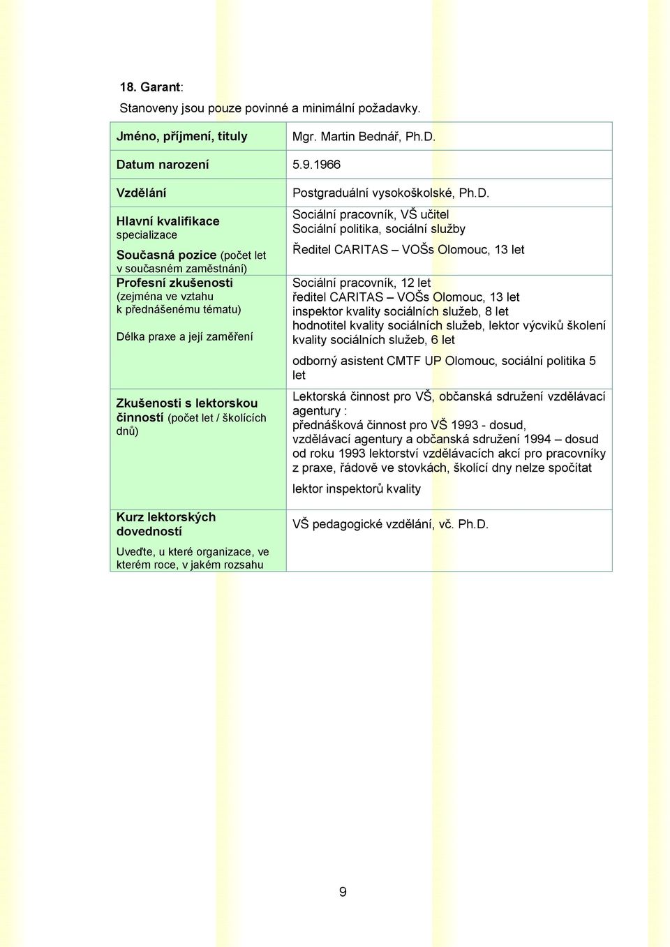 lektorskou činností (počet let / školících dnů) Kurz lektorských dovedností Uveďte, u které organizace, ve kterém roce, v jakém rozsahu Postgraduální vysokoškolské, Ph.D.