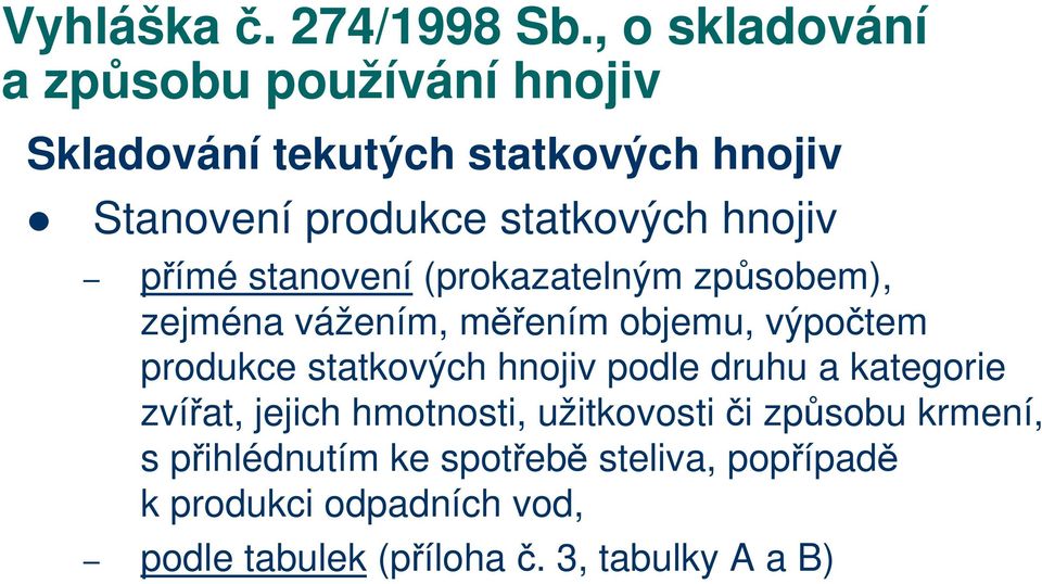 hnojiv přímé stanovení (prokazatelným způsobem), zejména vážením, měřením objemu, výpočtem produkce statkových