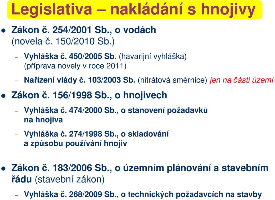 156/1998 Sb., o hnojivech Vyhláška č. 474/2000 Sb., o stanovení požadavků na hnojiva Vyhláška č. 274/1998 Sb.