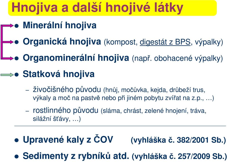 obohacené výpalky) Statková hnojiva živočišného původu (hnůj, močůvka, kejda, drůbeží trus, výkaly a moč na pastvě