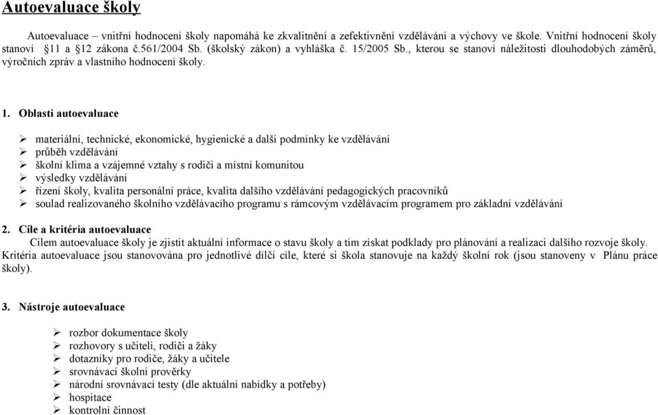 /2005 Sb., kterou se stanoví náležitosti dlouhodobých záměrů, výročních zpráv a vlastního hodnocení školy. 1.