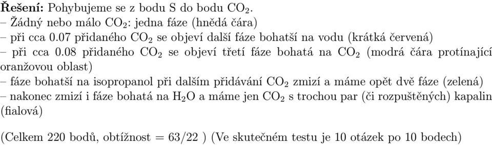 08 přidaného CO se objeví třetí fáze bohatá na CO (modrá čára protínající oranžovou oblast) fáze bohatší na isopropanol při dalším