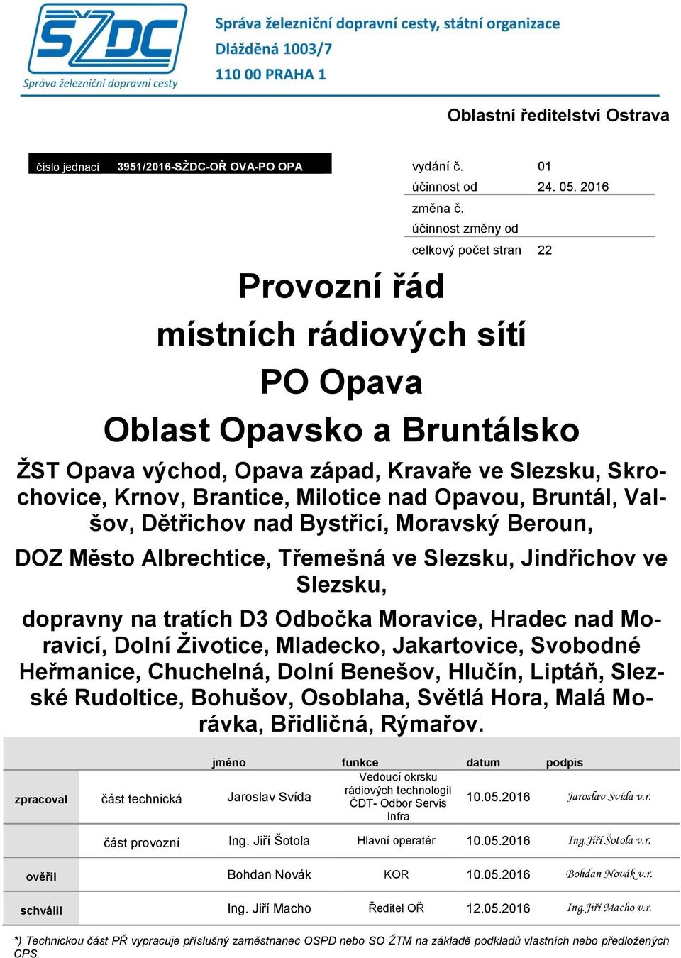 Milotice nad Opavou, Bruntál, Valšov, Dětřichov nad Bystřicí, Moravský Beroun, DOZ Město Albrechtice, Třemešná ve Slezsku, Jindřichov ve Slezsku, dopravny na tratích D3 Odbočka Moravice, Hradec nad