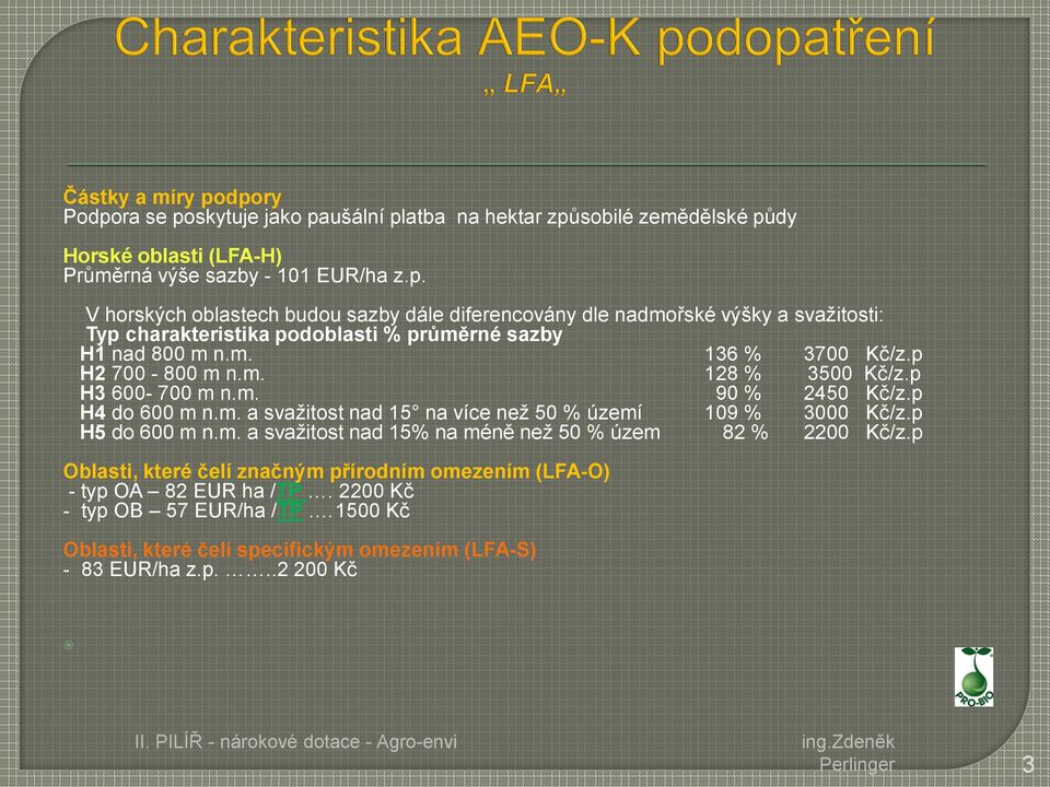 p Oblasti, které čelí značným přírodním omezením (LFA-O) - typ OA 82 EUR ha /TP. 2200 Kč - typ OB 57 EUR/ha /TP. 1500 Kč Oblasti, které čelí specifickým omezením (LFA-S) - 83 EUR/ha z.p...2 200 Kč Perlinger 3