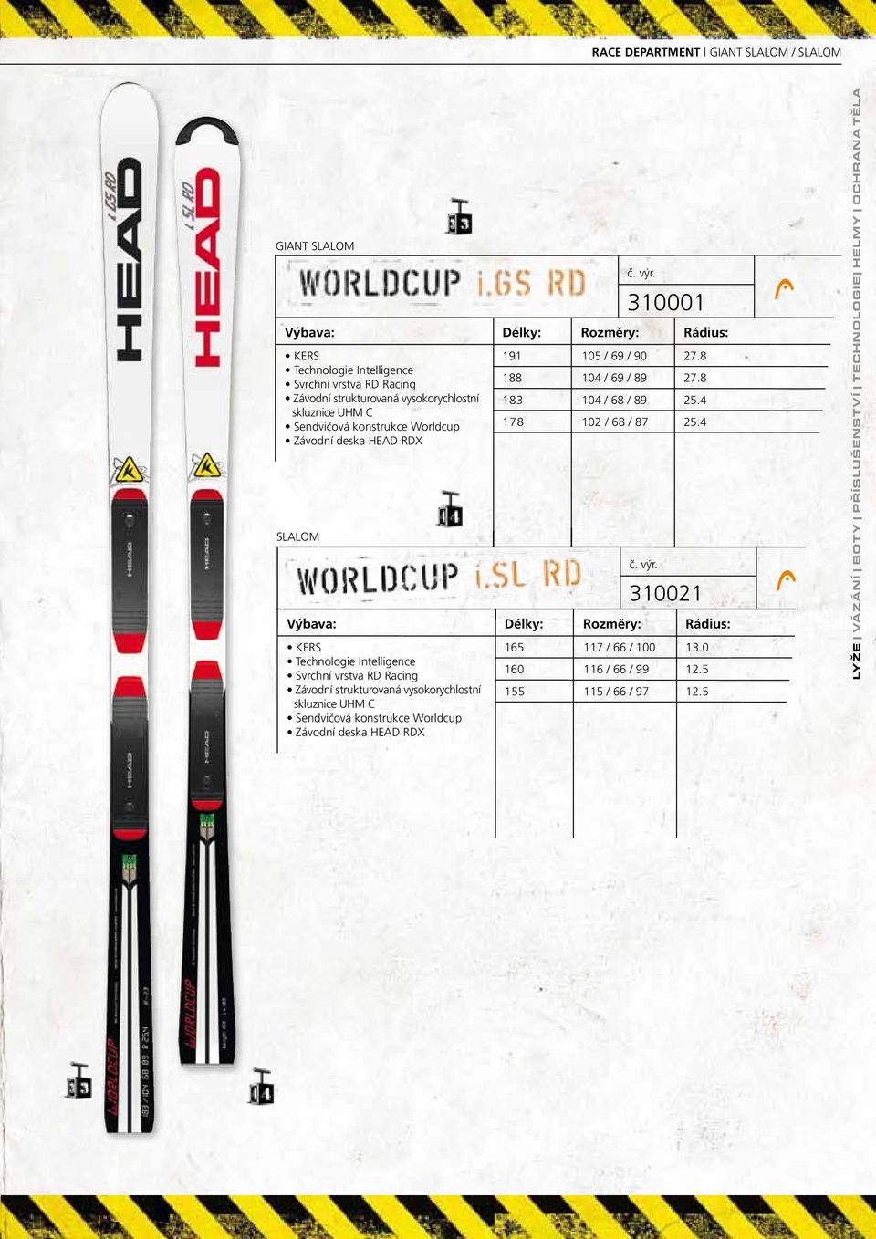 skluznice UHM C Sendvičová konstrukce Worldcup Závodní deska HEAD RDX délky: 191 188 183 178 délky: 165 160 155 310001 Rozměry: Rádius: 105 / 69 / 90 27.8 104 / 69 / 89 27.