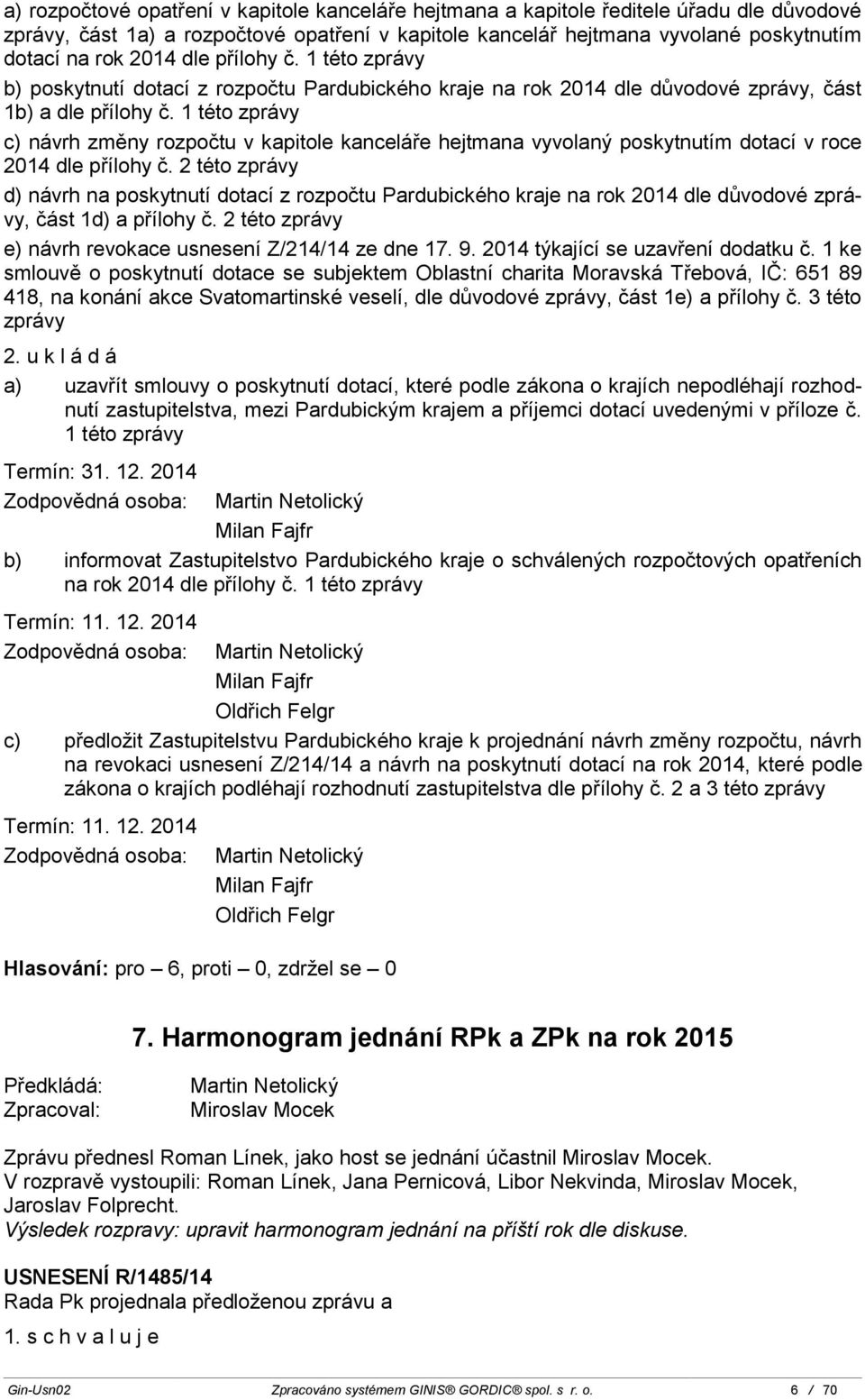 1 této zprávy c) návrh změny rozpočtu v kapitole kanceláře hejtmana vyvolaný poskytnutím dotací v roce 2014 dle přílohy č.