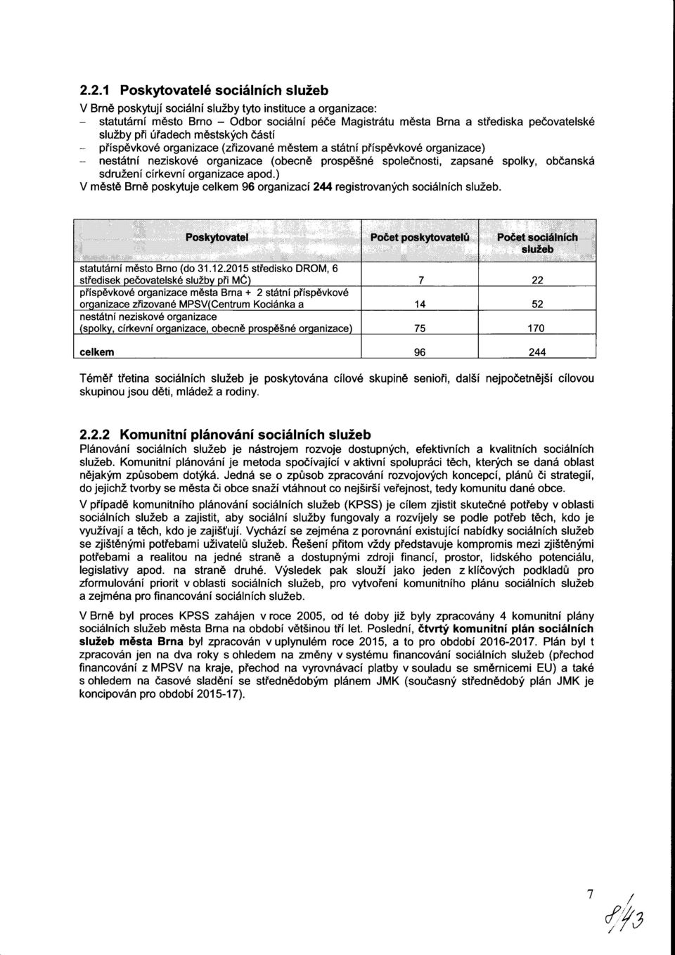 sdružení církevní organizace apod.) V městě Brně poskytuje celkem 96 organizací 244 registrovaných sociálních služeb. Poskytovatel statutární město Brno (do 31.12.