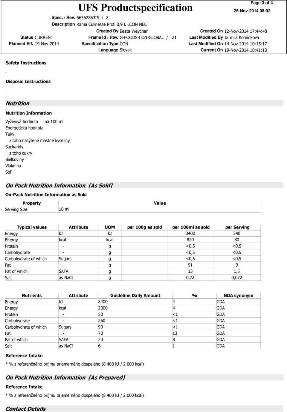 On Pack Nutrition Information [As Sold] On-Pack Nutrition Information as Sold Serving Size Property 10 ml Value Typical values Attribute UOM per 100g as sold per 100ml as sold per Serving Energy kj