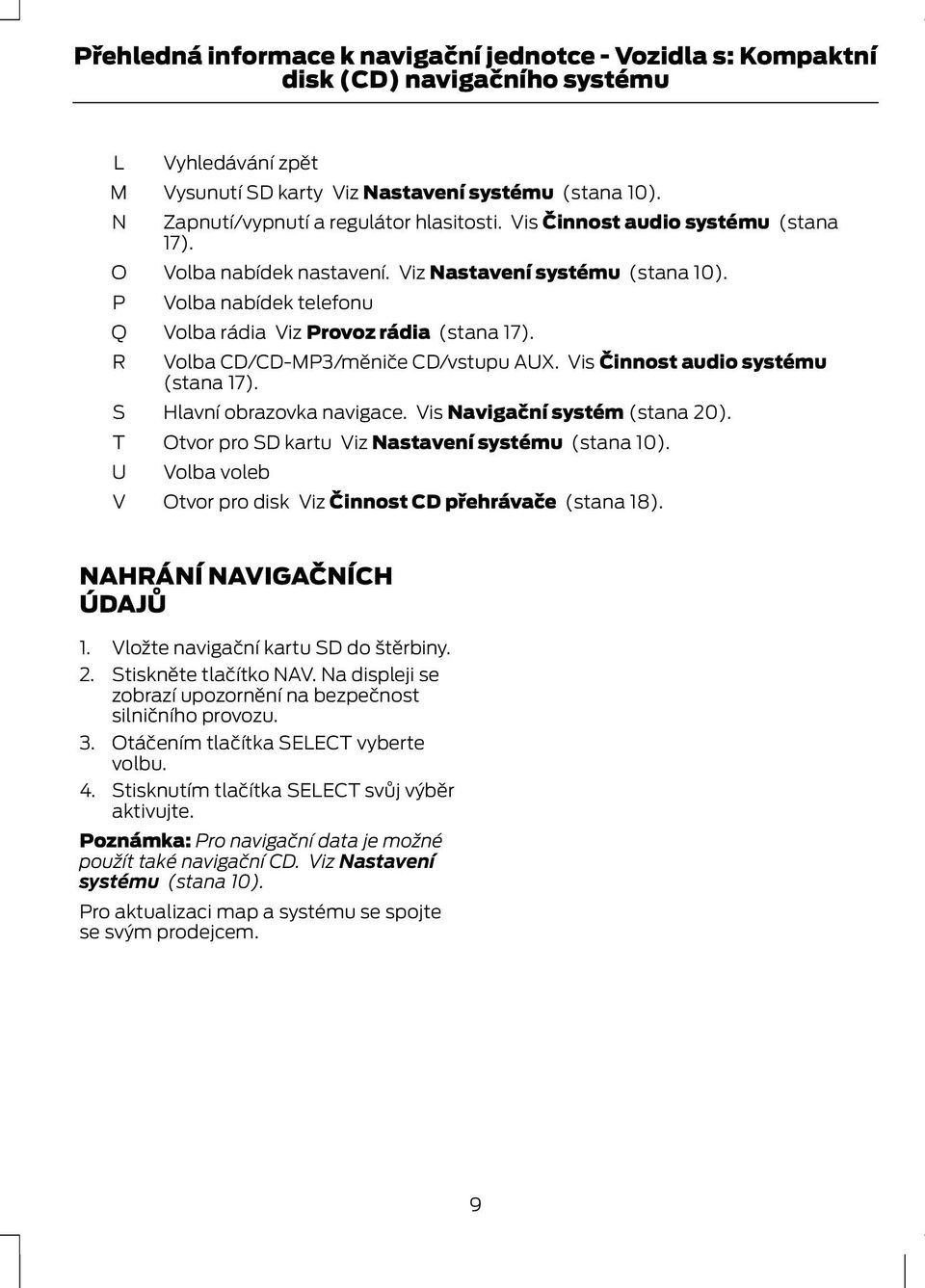 Volba CD/CD-MP3/měniče CD/vstupu AUX. Vis Činnost audio systému (stana 17). Hlavní obrazovka navigace. Vis Navigační systém (stana 20). Otvor pro SD kartu Viz Nastavení systému (stana 10).